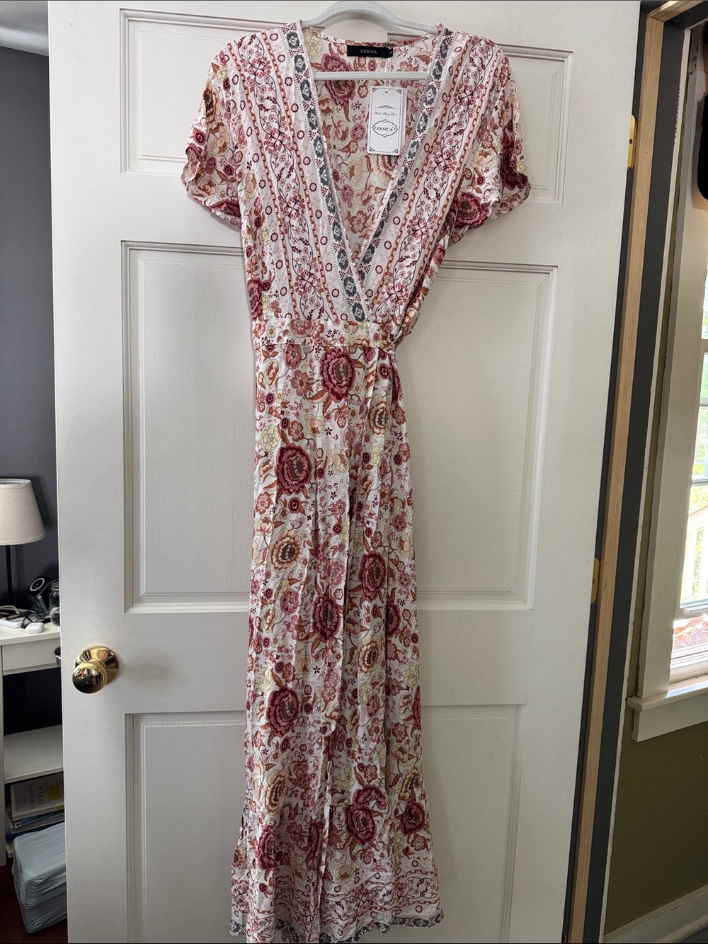 Boho Floral Wrap Maxi Dress in Cream and Rose